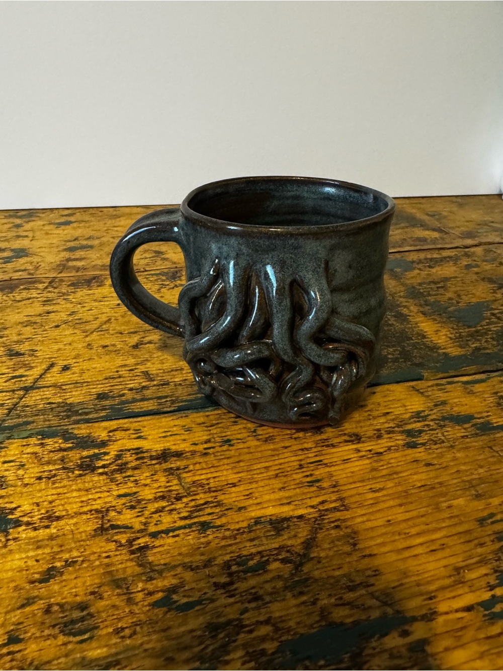 Handmade Octopus Tentacle Ceramic Mug - Dark Teal Glaze